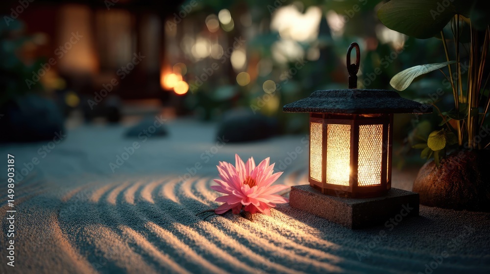 Poster raked sand patterns in tranquility with lantern and lotus concept. a serene lantern illuminates a tr