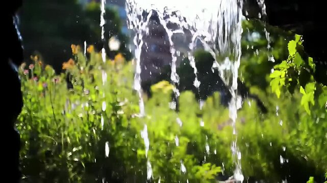 Slow-motion close up shot of a small waterfall in the park