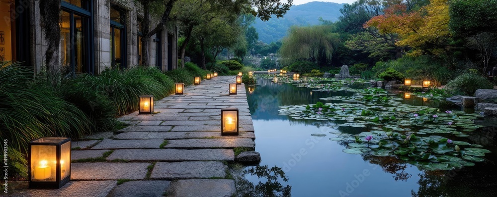 Poster tea pavilion with minimalism and rock by lantern concept. serene garden pathway with lanterns and tr
