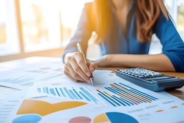 Businesswoman doing Accounting work, Calculating income-expenses and analyzing investment data reports. Annual tax reduction planning concept, financial and tax systems