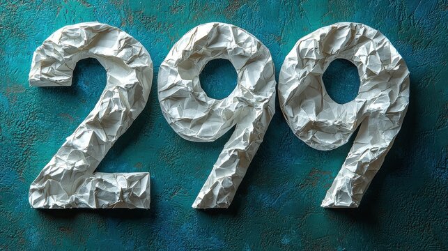 Crumpled paper numbers 299 on teal background