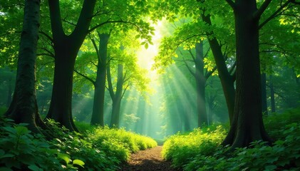 Lush green forest canopy, sunlight dappling through leaves, vibrant foliage, tranquil nature scene  Perfect for environmental, nature, and travel themes , trees, outdoor, tranquil