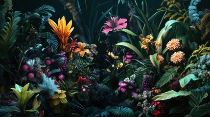 Fototapeta premium Enchanted Tropical Garden: A Lush Tapestry of Exotic Blooms and Verdant Foliage