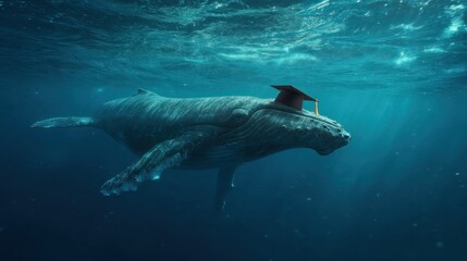 Obraz premium A whale wearing a graduation cap symbolizes the pursuit of knowledge and wisdom, even in the vast unknown.