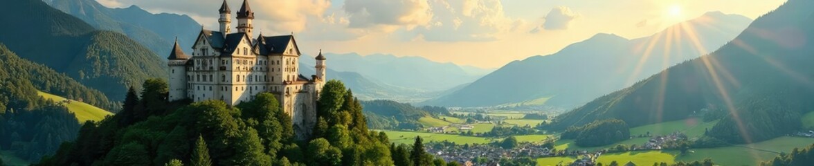 Fototapeta premium Majestic Austrian castle perched on a hilltop, overlooking rolling green hills and a picturesque village A stunning example of medieval architecture, bathed in golden sunlight , towers, view