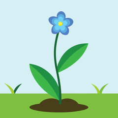 Simple blue flower illustration with green leaves growing in grass background