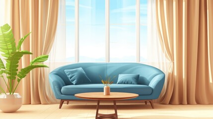 Teal curved sofa sits in front of a large window with beige curtains a wooden coffee table and a potted plant