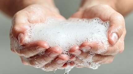 Fototapeta premium Person is holding their hands under a stream of water. The water is foamy and white, and the person's hands are covered in it. Concept of cleanliness and freshness