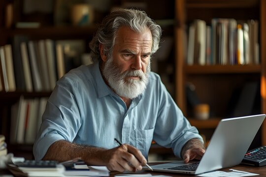 Busy senior professional businessman entrepreneur using laptop holding bill corporate document in office. 50 years old man executive manager or business owner reading paper working on computer