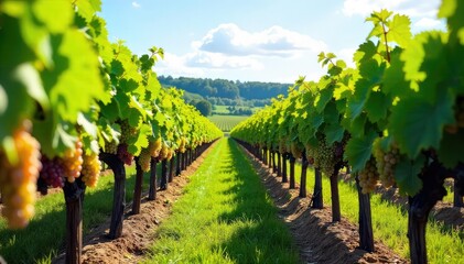Sun-drenched rows of grapevines stretching across a picturesque vineyard, ready for harvest Lush green foliage and ripe grapes hanging heavy on the vines , grapes, grapes on vine, farming