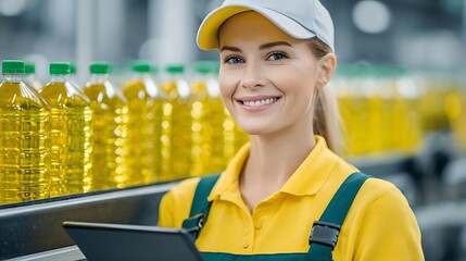 Smiling worker in uniform inspecting olive oil production line with a digital tablet in factory