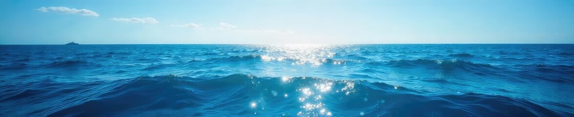Vast, deep blue ocean stretching to the horizon, sunlight reflecting on the waves  A tranquil scene of endless water, perfect for travel or nature themes ,  underwater,  vast,  horizon