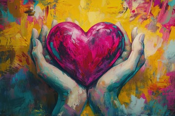 Colorful charity artwork of hands holding a vibrant heart advocating love and compassion for community outreach and support