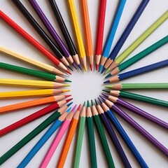 Fototapeta premium Arrangement of colored pencils in a circular pattern on a white background with sharp pencil tips