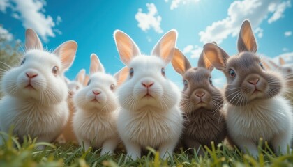 Cute Rabbits With Fluffy Fur Sitting Under Blue Sky and Clouds