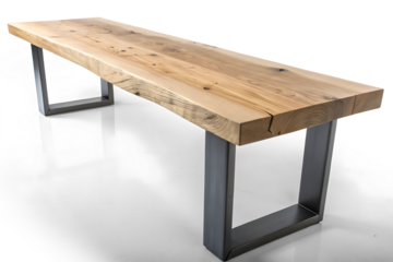 A long, rectangular wooden bench with a natural, light-toned wood top and dark gray or black metal legs isolated on white or transparent background