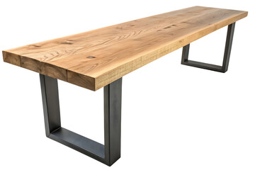 A long, rectangular wooden bench with a natural, light-toned wood top and dark gray or black metal legs isolated on white or transparent background
