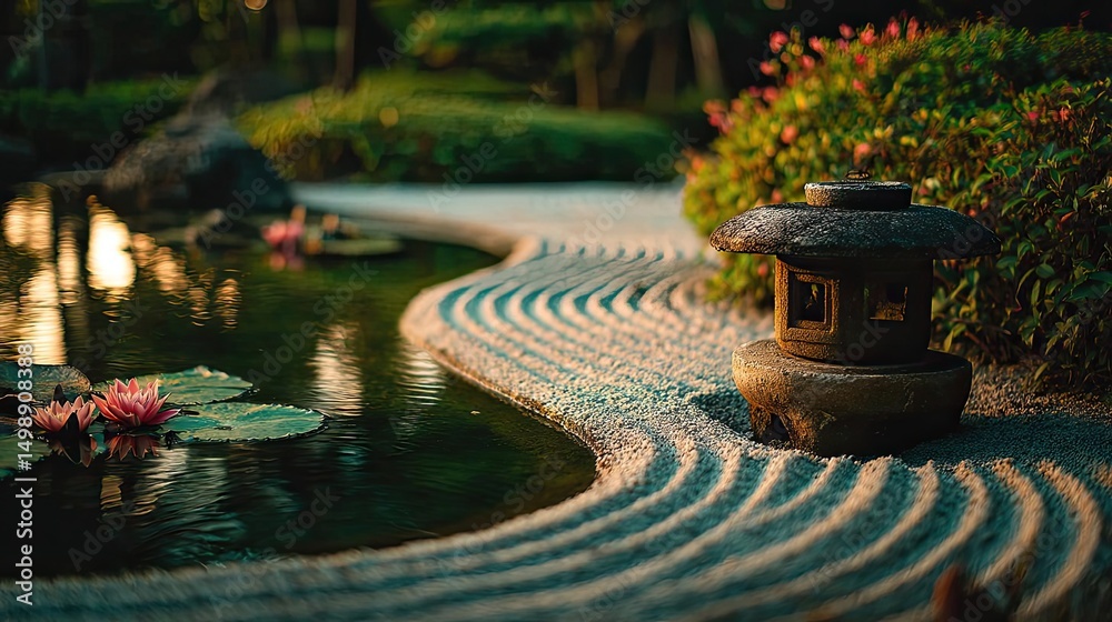 Poster raked sand patterns in tranquility with lantern and lotus concept. a serene garden landscape featuri