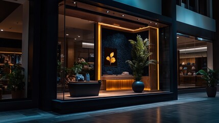 Augmented reality retail window display modern shopping district visual art urban environment nighttime concept