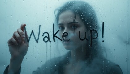 Young Woman Writing on Foggy Window with the Words "Wake Up!"