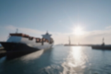 Naklejka premium blurry harbor, bright ship harbor, exposed to morning sunlight, large ships are seen docked at the harbor pier, wallpaper, blurry background.