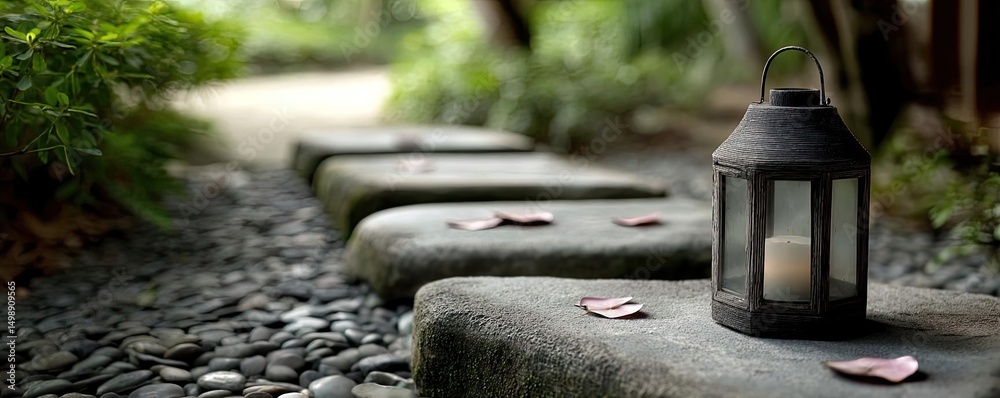 Poster tea pavilion with minimalism and rock by lantern concept. tranquil garden path with lantern and flow
