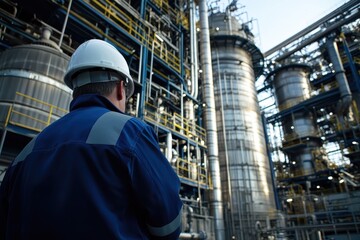 Chemical plant industrial engineer documenting operations and equipment at a facility during daylight hours in a detailed industrial environment