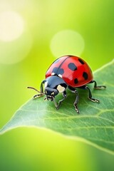 Fototapeta premium A vibrant ladybug rests atop a lush, green leaf in bright, natural sunlight