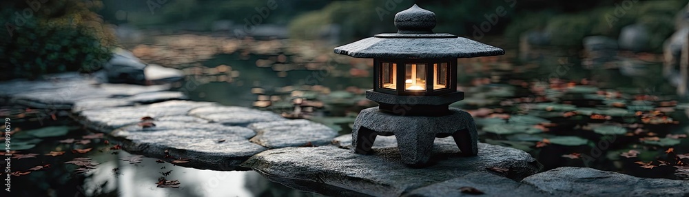 Poster stone lantern in harmony with peaceful lotus pond concept. a serene lantern illuminating a tranquil 