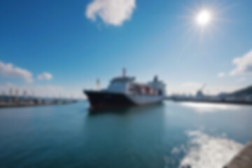 Fototapeta premium blurry harbor, bright ship harbor, exposed to morning sunlight, large ships are seen docked at the harbor pier, wallpaper, blurry background.