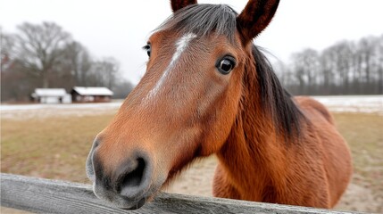 Fototapeta premium Brown horse with a white stripe on its face is looking at the camera. The scene is set in a field with a wooden fence in the background