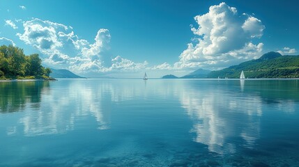 Tranquil lake scene with sailing boats, reflected clouds, and lush shoreline