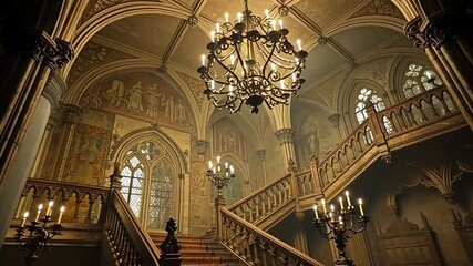 Exploring Grand Staircase with Chandelier in Gothic Hall - Powered by Adobe