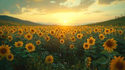 Fototapeta premium Sunflower field at sunset over rolling hills