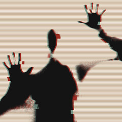 Illustration of Dark Figure Behind a Glitching Screen, Digital Trap in a Matrix 