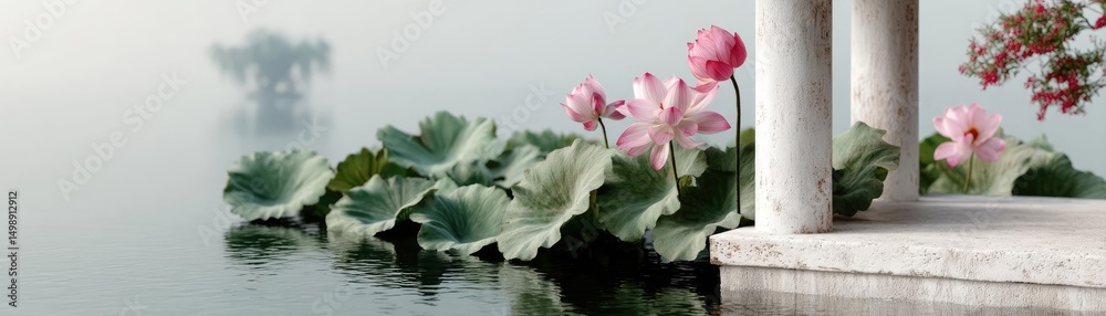 Poster tea pavilion with minimalism and rock by lantern concept. serene lotus flowers blooming on a tranqui