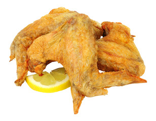 Group of oven roasted skin on chicken wings isolated on a white background