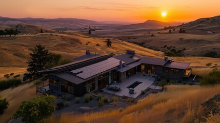 A modern house with solar panels on a hill at sunset with mountains in the background and orange sky