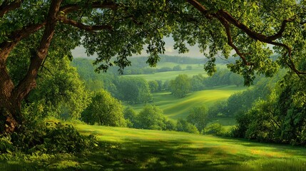 Sunlit Canopy Over Lush Green Hills in a Tranquil Landscape
