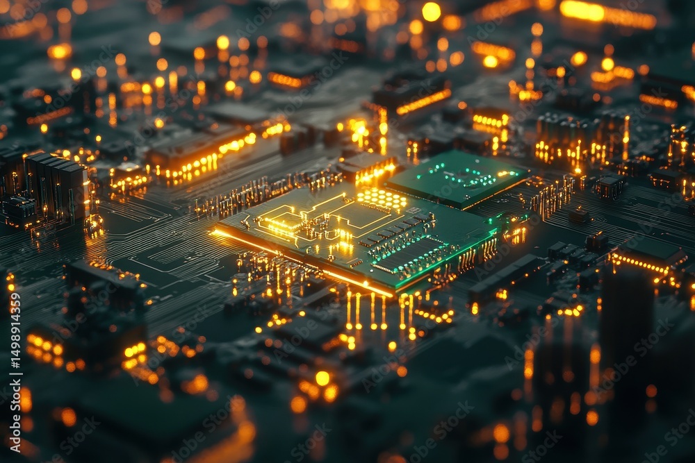 Poster complex arrangement of circuit board microchip with illuminated electronic components in a high-tech