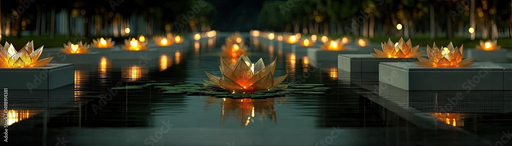 Poster Raked sand patterns in tranquility with lantern and lotus concept. Serene water lilies illuminated by soft candlelight at night.