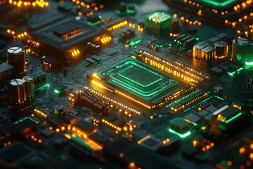 Obraz premium Detailed view of circuit board with illuminated microchip and electronic components showcasing modern technology and intricate designs