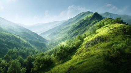 Sunlit Canopy Over Lush Green Hills with Smooth Terrain