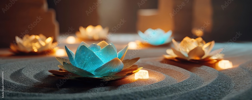 Poster raked sand patterns in tranquility with lantern and lotus concept. beautiful glowing lotus flowers i