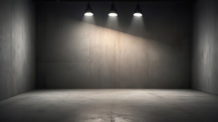 Spotlights illuminate a stark, empty room with textured concrete walls and a smooth, polished floor