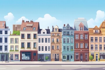 Charming city street lined with unique buildings showcasing diverse architecture under a clear blue sky