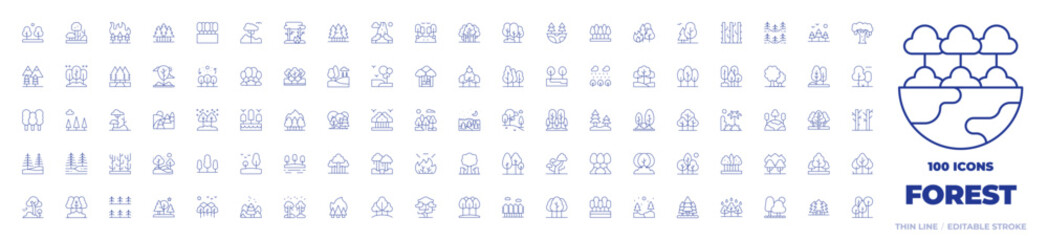 100 Forest Icons Collection. Thin line icon. Editable stroke. tree, rainforest, pine, forest, trees, pines, wildfire, pico cao, landscape, ecology, woodland, mountain, photosynthesis