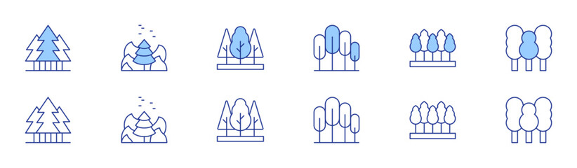 Forest icon set in two styles, Duotone and Thin Line style. Editable stroke. forest, tree, trees