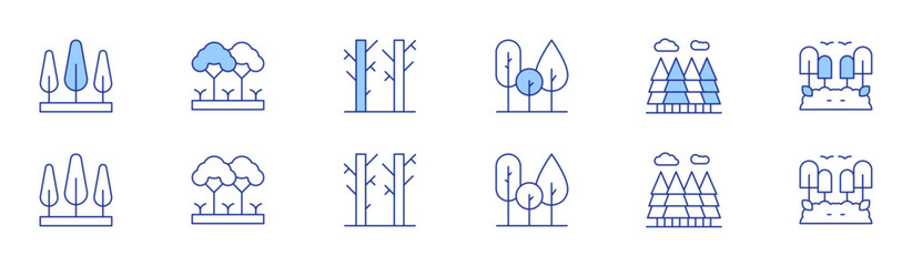 Forest icon set in two styles, Duotone and Thin Line style. Editable stroke. trees, forest, tree
