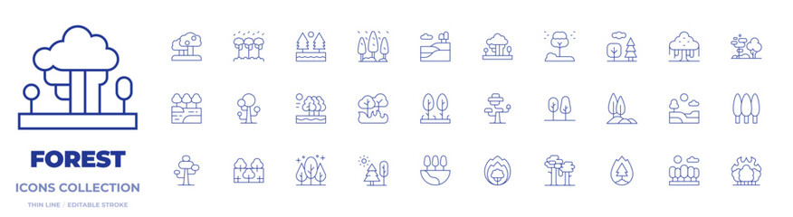 Forest icons collection. Thin Line icons, editable stroke. lake, landscape, tree, trees, rainforest, wildfire, forest, forest fire, hill